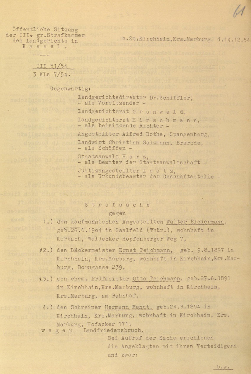 Prozessaufzeichnung des Vefahrens gegen die Urheber der Kirchhainer "Judenaktion" von 1938 vor dem Landgericht Kassel, 14.-16. Dezember 1954 [Dokumentabschnitt 1].