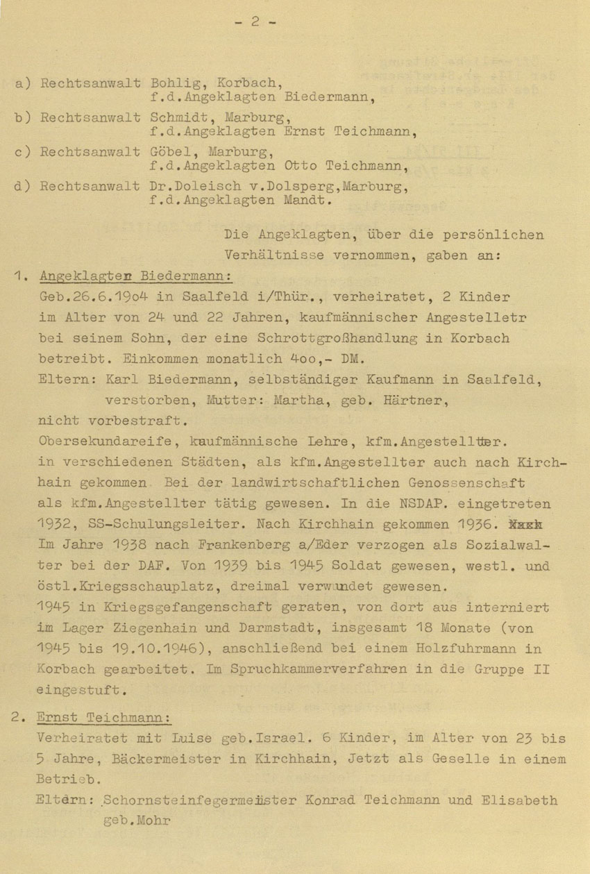 Prozessaufzeichnung des Vefahrens gegen die Urheber der Kirchhainer "Judenaktion" von 1938 vor dem Landgericht Kassel, 14.-16. Dezember 1954 [Dokumentabschnitt 1].