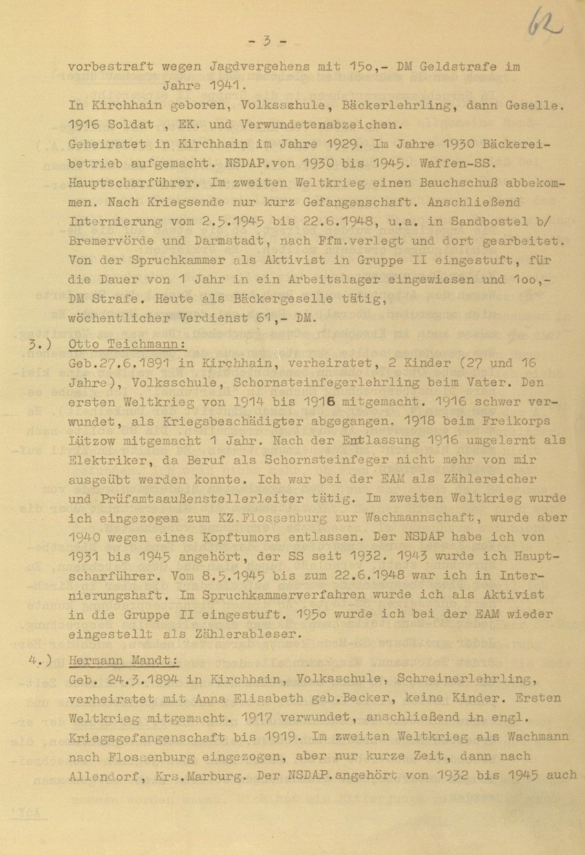 Prozessaufzeichnung des Vefahrens gegen die Urheber der Kirchhainer "Judenaktion" von 1938 vor dem Landgericht Kassel, 14.-16. Dezember 1954 [Dokumentabschnitt 1].