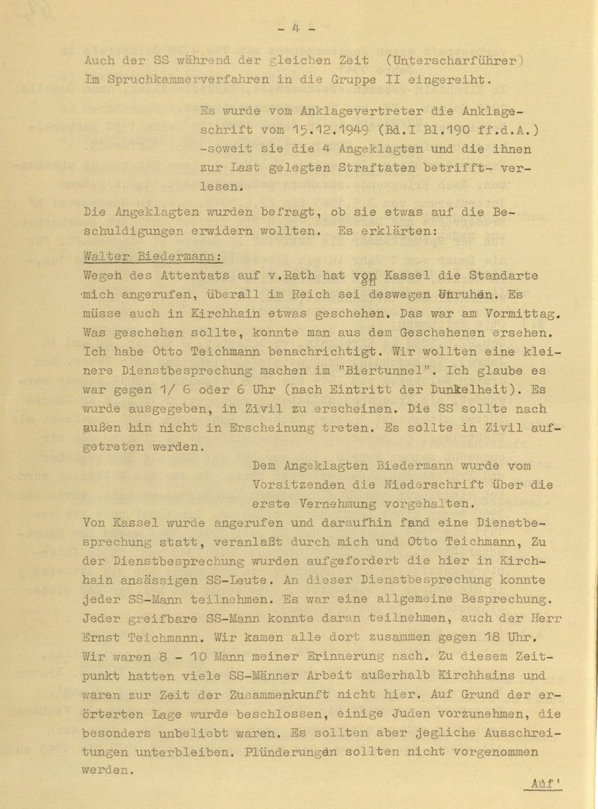 Prozessaufzeichnung des Vefahrens gegen die Urheber der Kirchhainer "Judenaktion" von 1938 vor dem Landgericht Kassel, 14.-16. Dezember 1954 [Dokumentabschnitt 1].