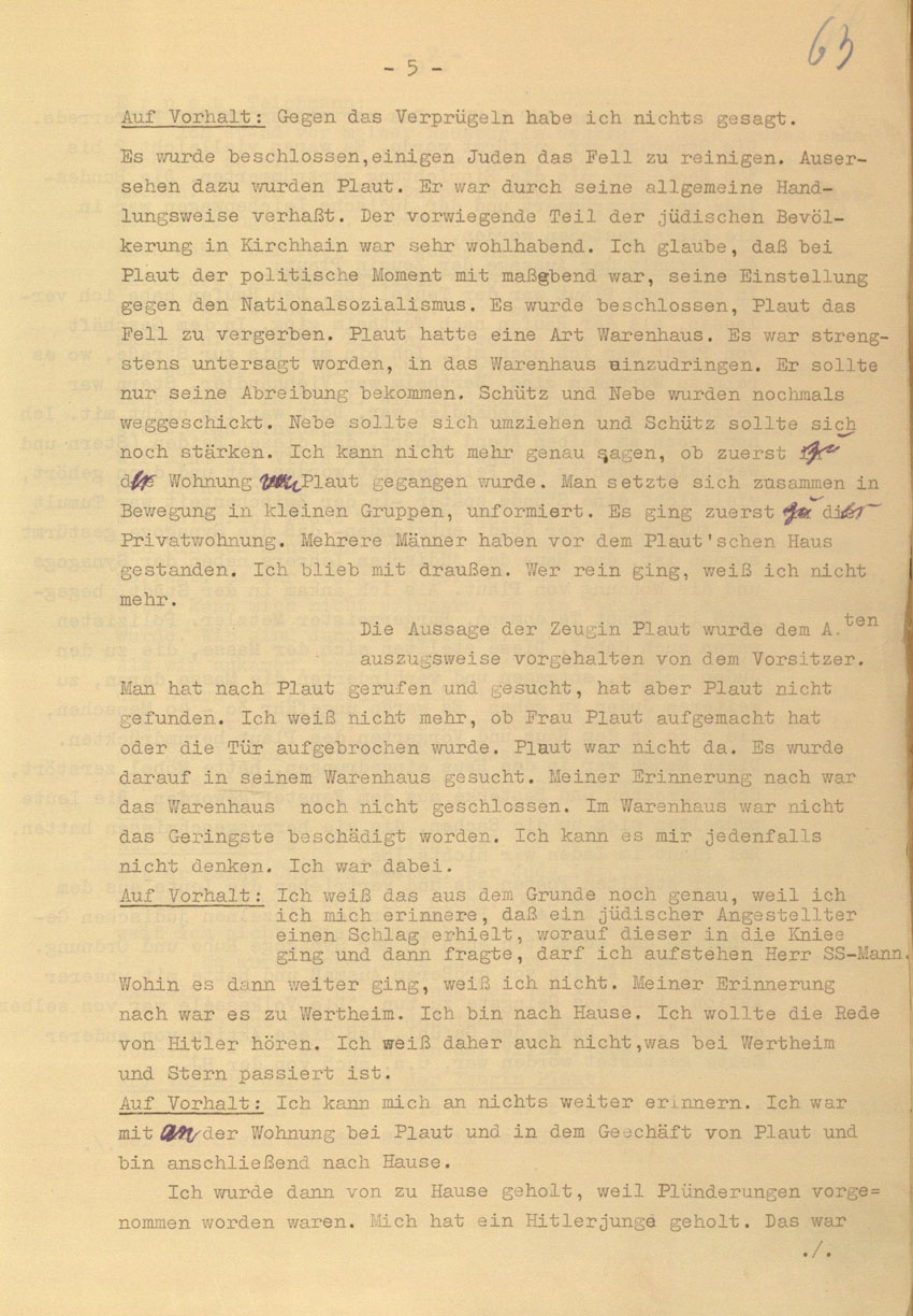 Prozessaufzeichnung des Vefahrens gegen die Urheber der Kirchhainer "Judenaktion" von 1938 vor dem Landgericht Kassel, 14.-16. Dezember 1954 [Dokumentabschnitt 1].