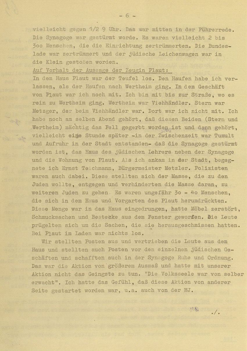 Prozessaufzeichnung des Vefahrens gegen die Urheber der Kirchhainer "Judenaktion" von 1938 vor dem Landgericht Kassel, 14.-16. Dezember 1954 [Dokumentabschnitt 1].