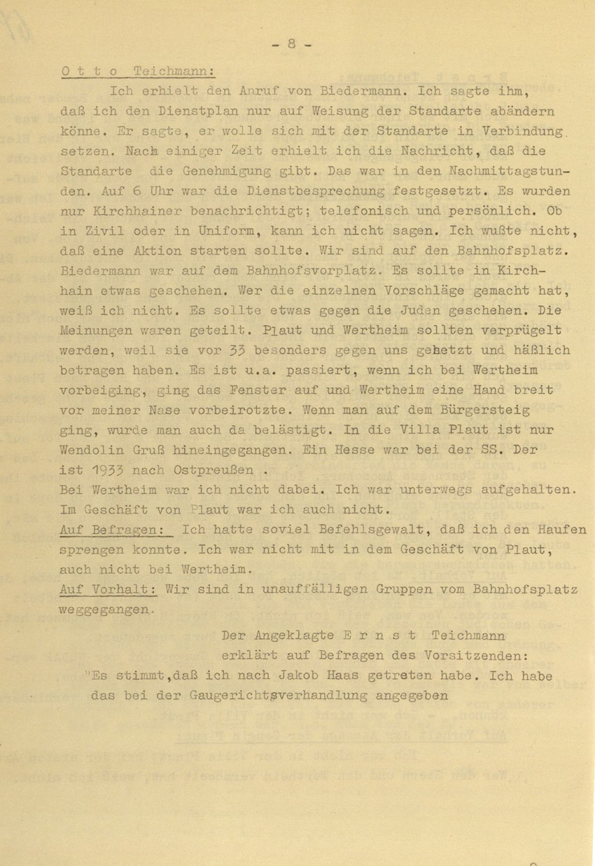 Prozessaufzeichnung des Vefahrens gegen die Urheber der Kirchhainer "Judenaktion" von 1938 vor dem Landgericht Kassel, 14.-16. Dezember 1954 [Dokumentabschnitt 1].