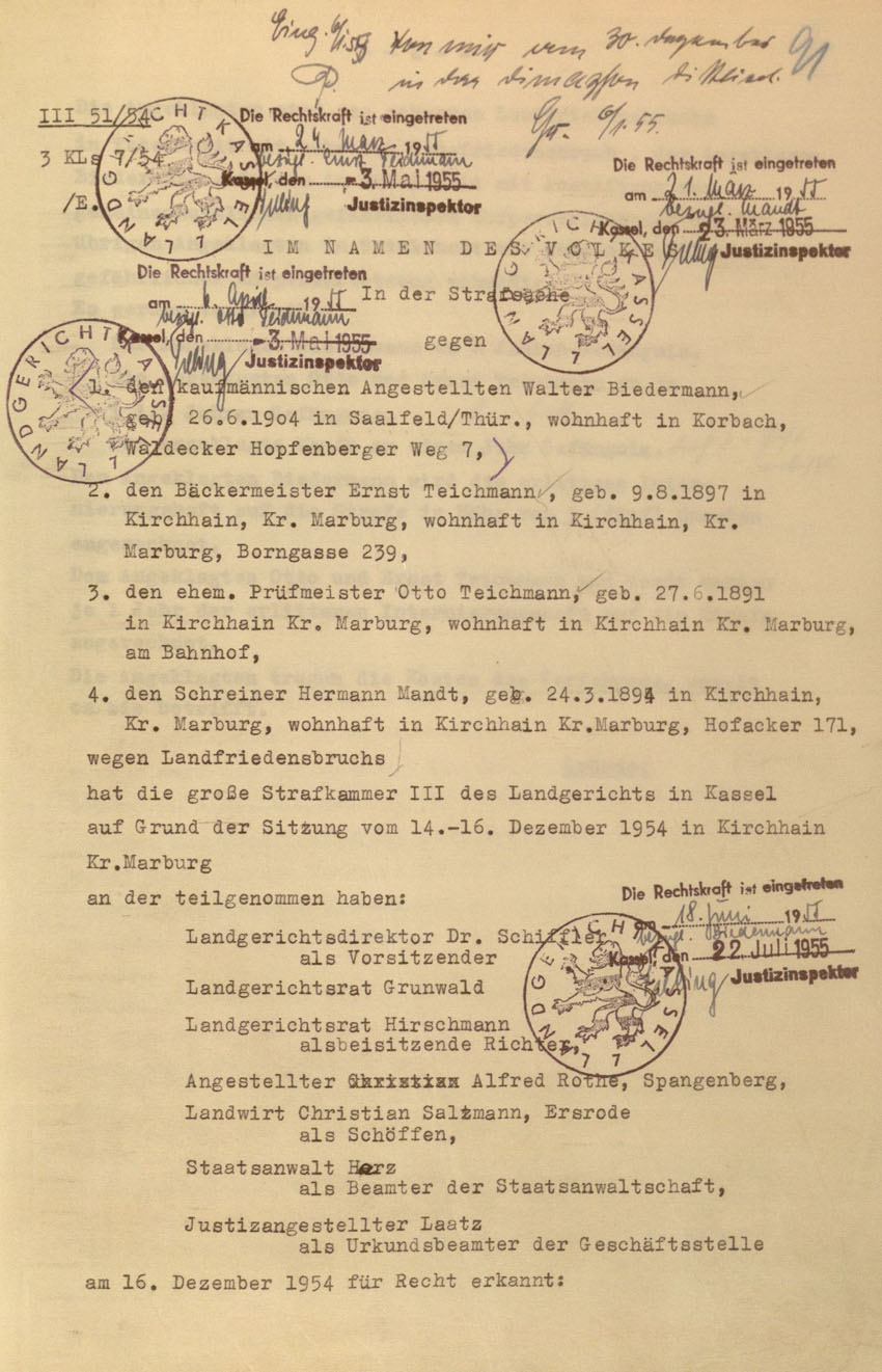 Urteil des Landgerichts Kassel im Prozess gegen die Urheber der Kirchhainer "Judenaktion" von 1938, 16. Dezember 1954 [Dokumentabschnitt 1].