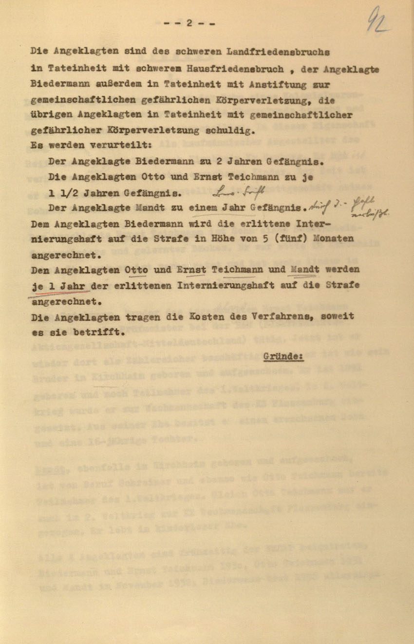 Urteil des Landgerichts Kassel im Prozess gegen die Urheber der Kirchhainer "Judenaktion" von 1938, 16. Dezember 1954 [Dokumentabschnitt 1].