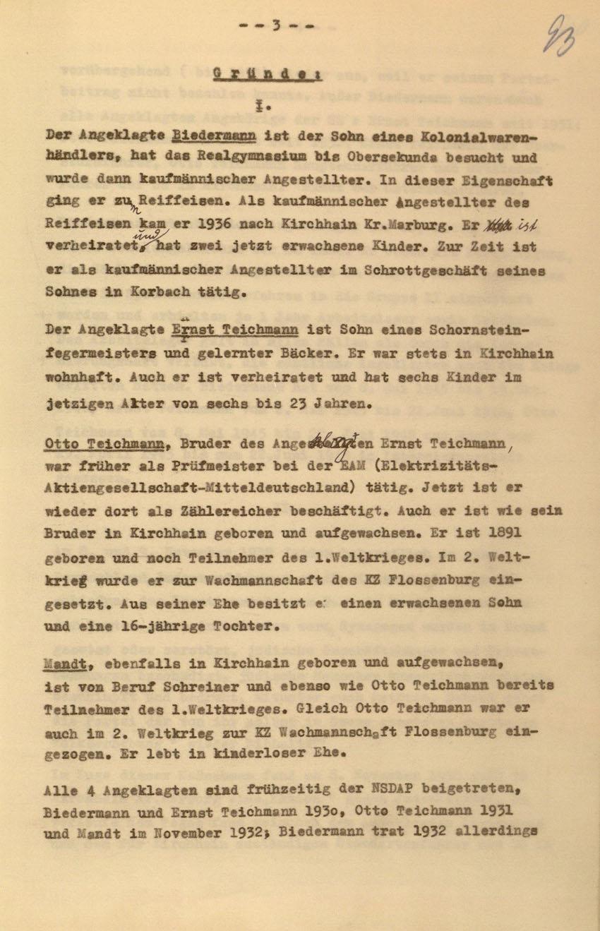 Urteil des Landgerichts Kassel im Prozess gegen die Urheber der Kirchhainer "Judenaktion" von 1938, 16. Dezember 1954 [Dokumentabschnitt 1].