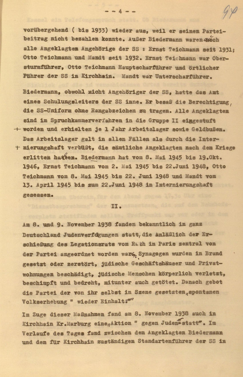 Urteil des Landgerichts Kassel im Prozess gegen die Urheber der Kirchhainer "Judenaktion" von 1938, 16. Dezember 1954 [Dokumentabschnitt 1].
