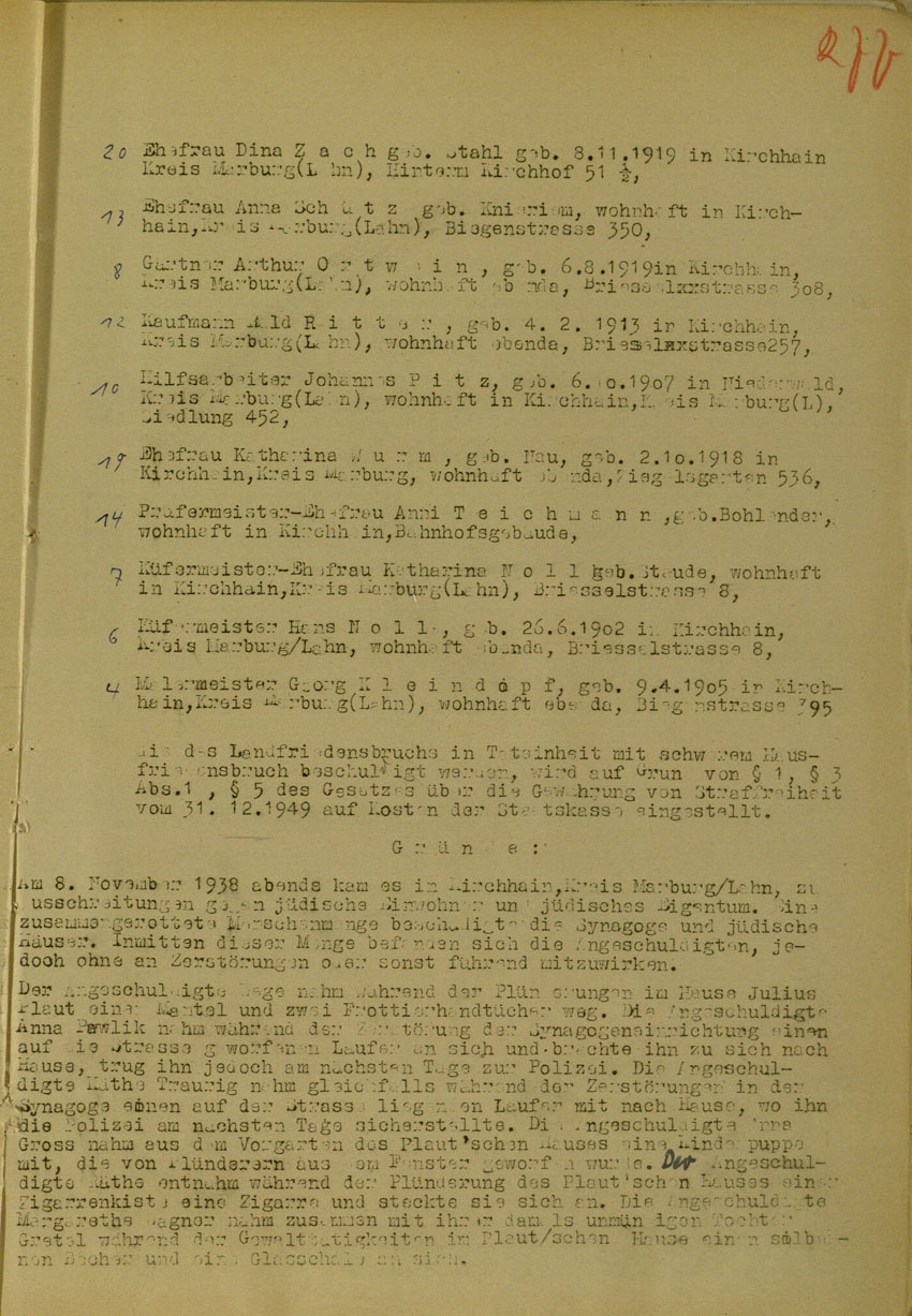 Beschluss der III. Strafkammer des Landgerichts Marburg betreffend Einstellung des Verfahrens gegen Beteiligte der Kirchhainer "Judenaktion" von 1938, 17. März 1950.