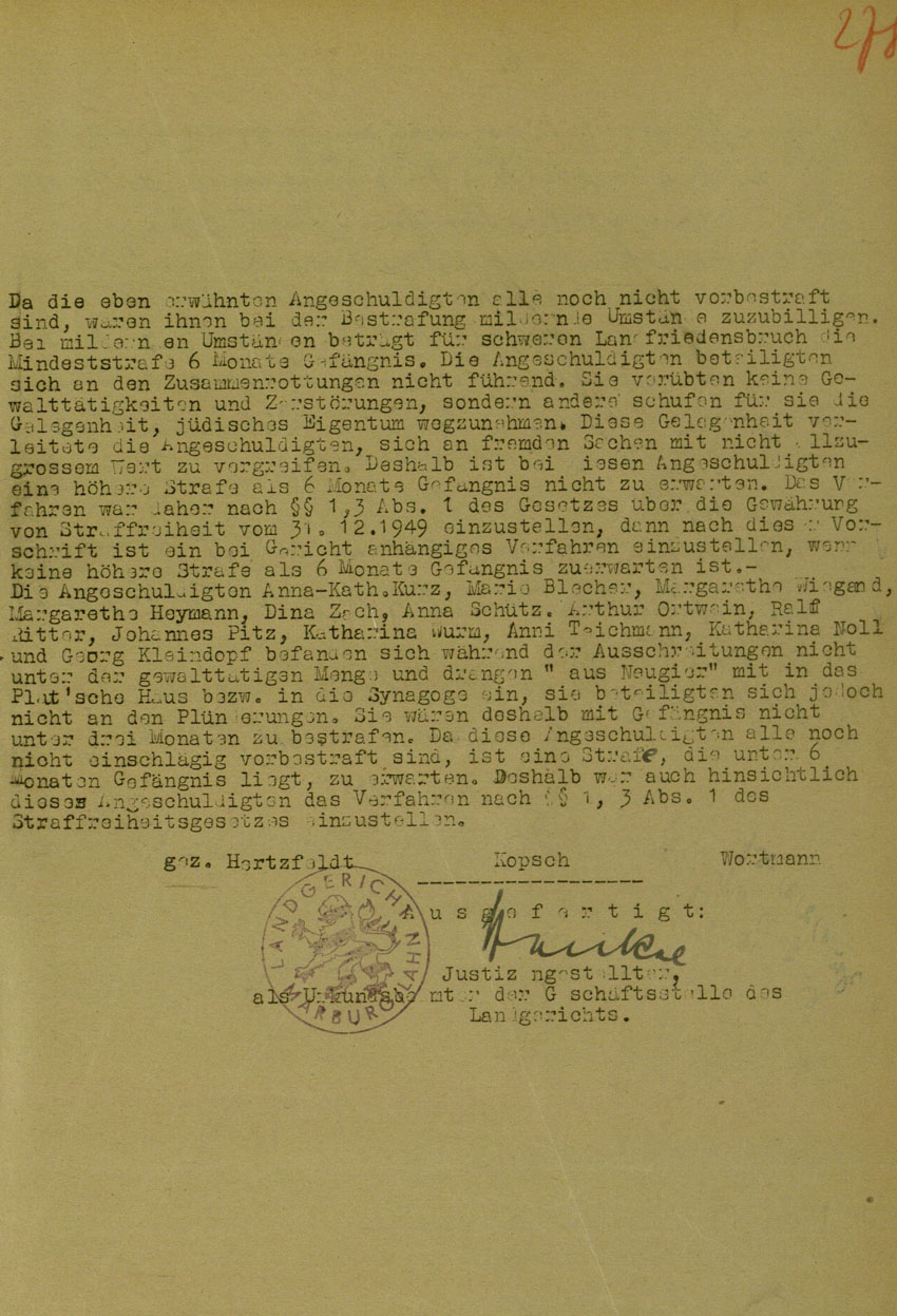 Beschluss der III. Strafkammer des Landgerichts Marburg betreffend Einstellung des Verfahrens gegen Beteiligte der Kirchhainer "Judenaktion" von 1938, 17. März 1950.