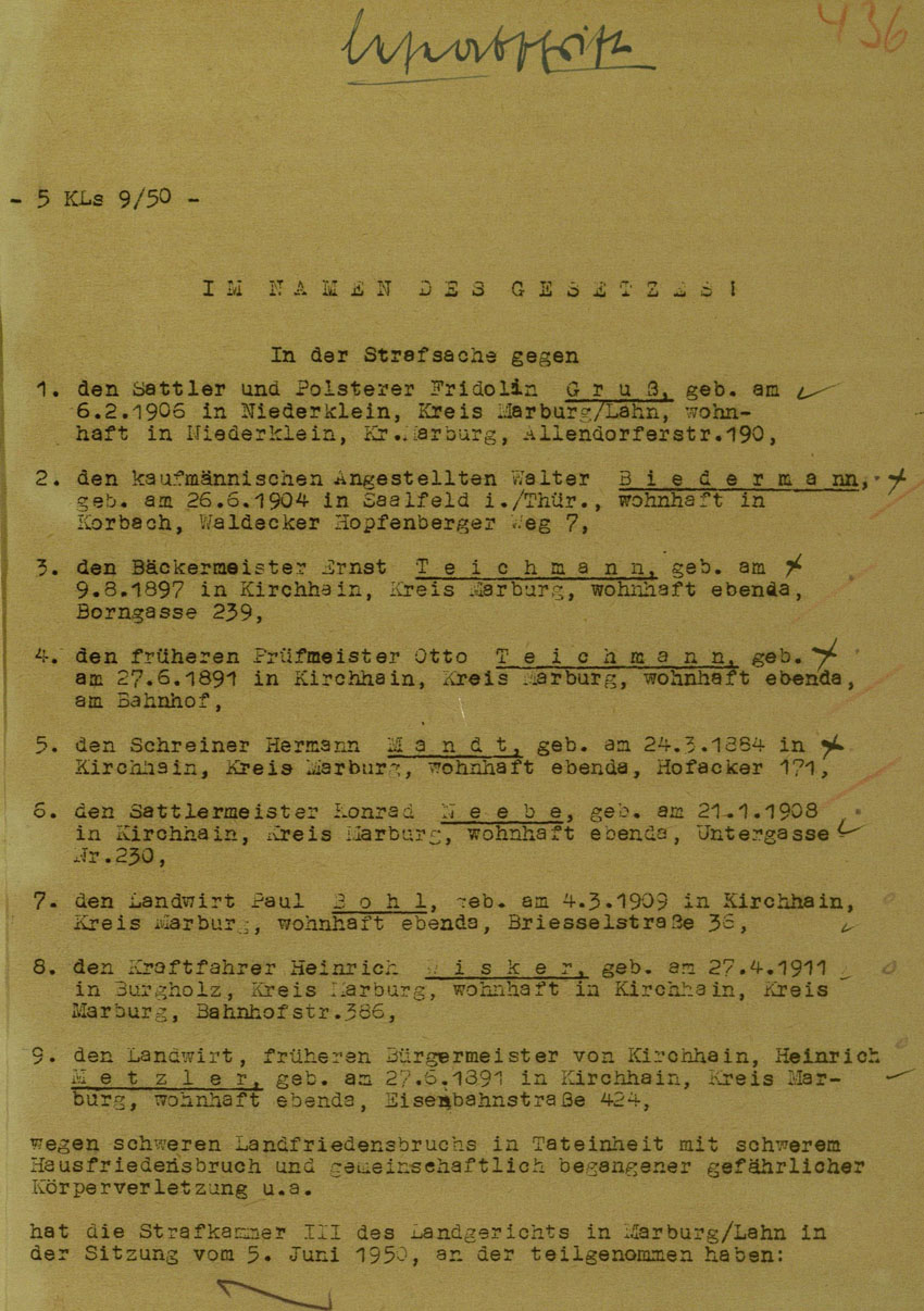 Urteil des Landgerichts Marburg im Prozess gegen die Urheber der Kirchhainer "Judenaktion" von 1938, 5. Juni 1950 [Dokumentabschnitt 1].