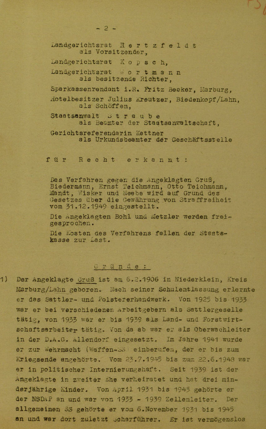 Urteil des Landgerichts Marburg im Prozess gegen die Urheber der Kirchhainer "Judenaktion" von 1938, 5. Juni 1950 [Dokumentabschnitt 1].