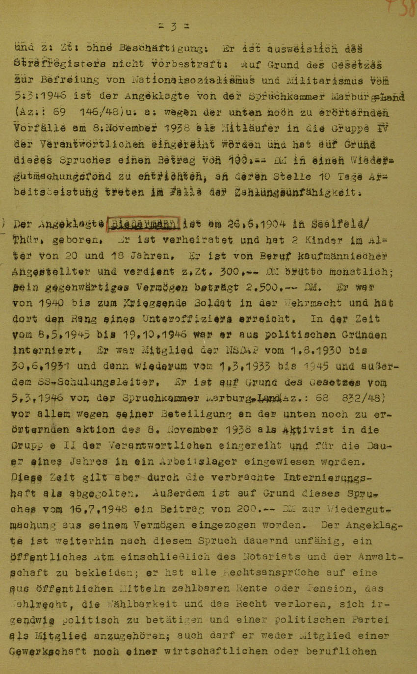 Urteil des Landgerichts Marburg im Prozess gegen die Urheber der Kirchhainer "Judenaktion" von 1938, 5. Juni 1950 [Dokumentabschnitt 1].