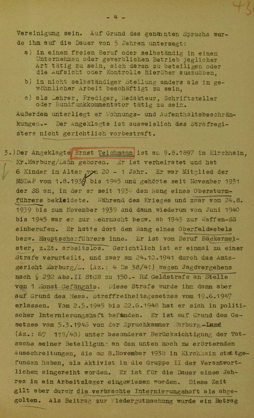 Urteil des Landgerichts Marburg im Prozess gegen die Urheber der Kirchhainer "Judenaktion" von 1938, 5. Juni 1950 [Dokumentabschnitt 1].