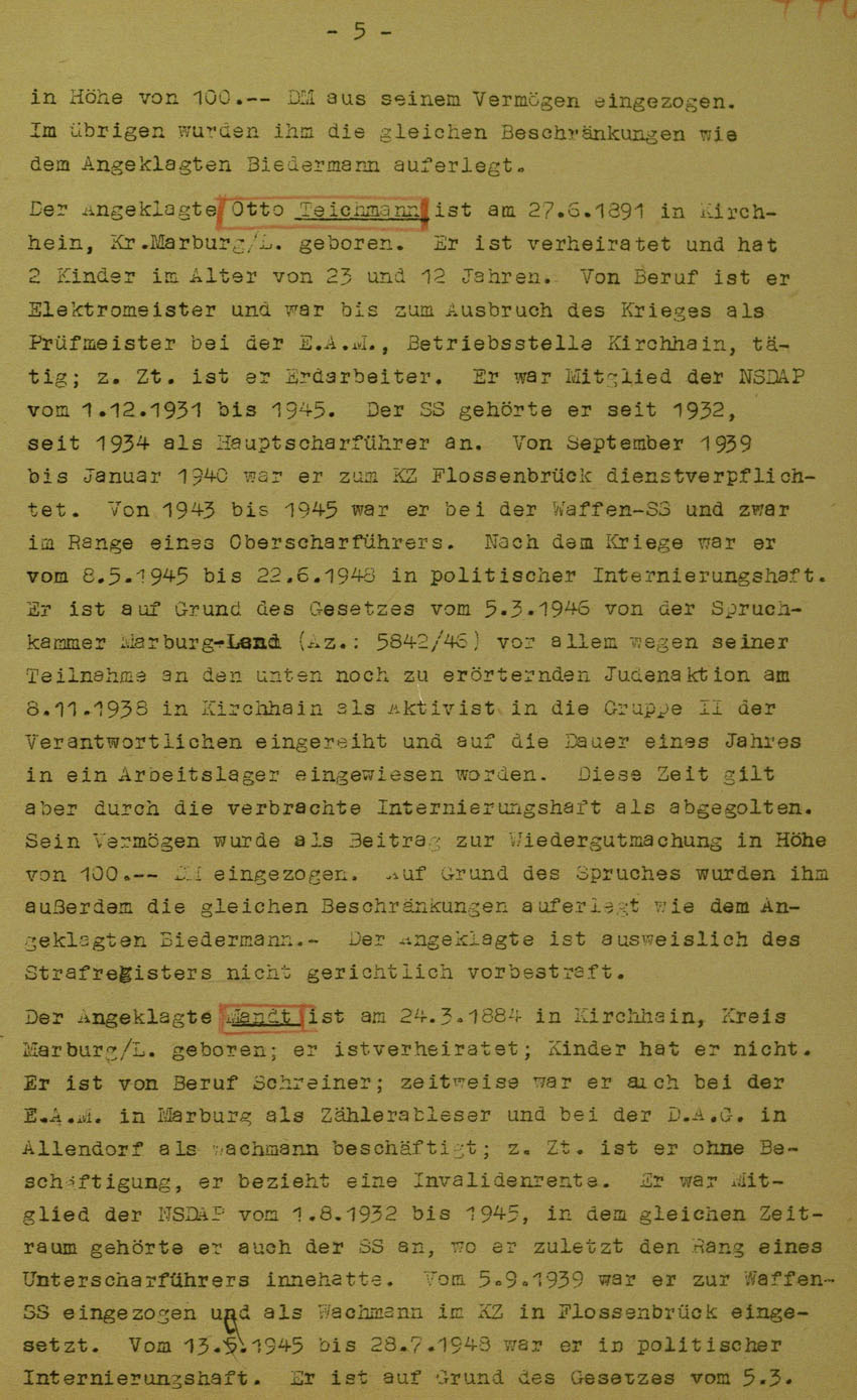 Urteil des Landgerichts Marburg im Prozess gegen die Urheber der Kirchhainer "Judenaktion" von 1938, 5. Juni 1950 [Dokumentabschnitt 1].