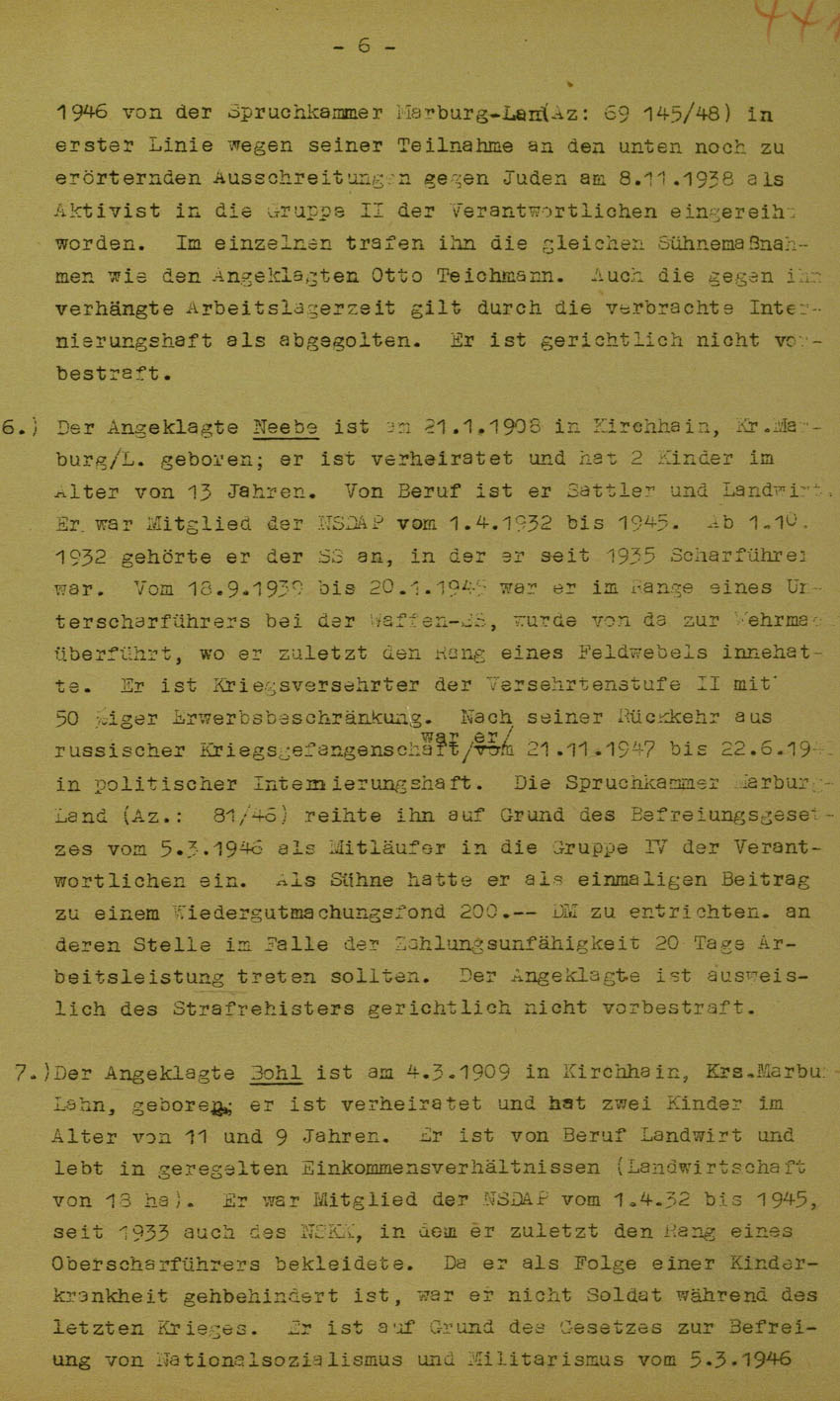 Urteil des Landgerichts Marburg im Prozess gegen die Urheber der Kirchhainer "Judenaktion" von 1938, 5. Juni 1950 [Dokumentabschnitt 1].