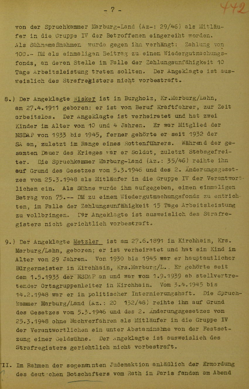 Urteil des Landgerichts Marburg im Prozess gegen die Urheber der Kirchhainer "Judenaktion" von 1938, 5. Juni 1950 [Dokumentabschnitt 1].
