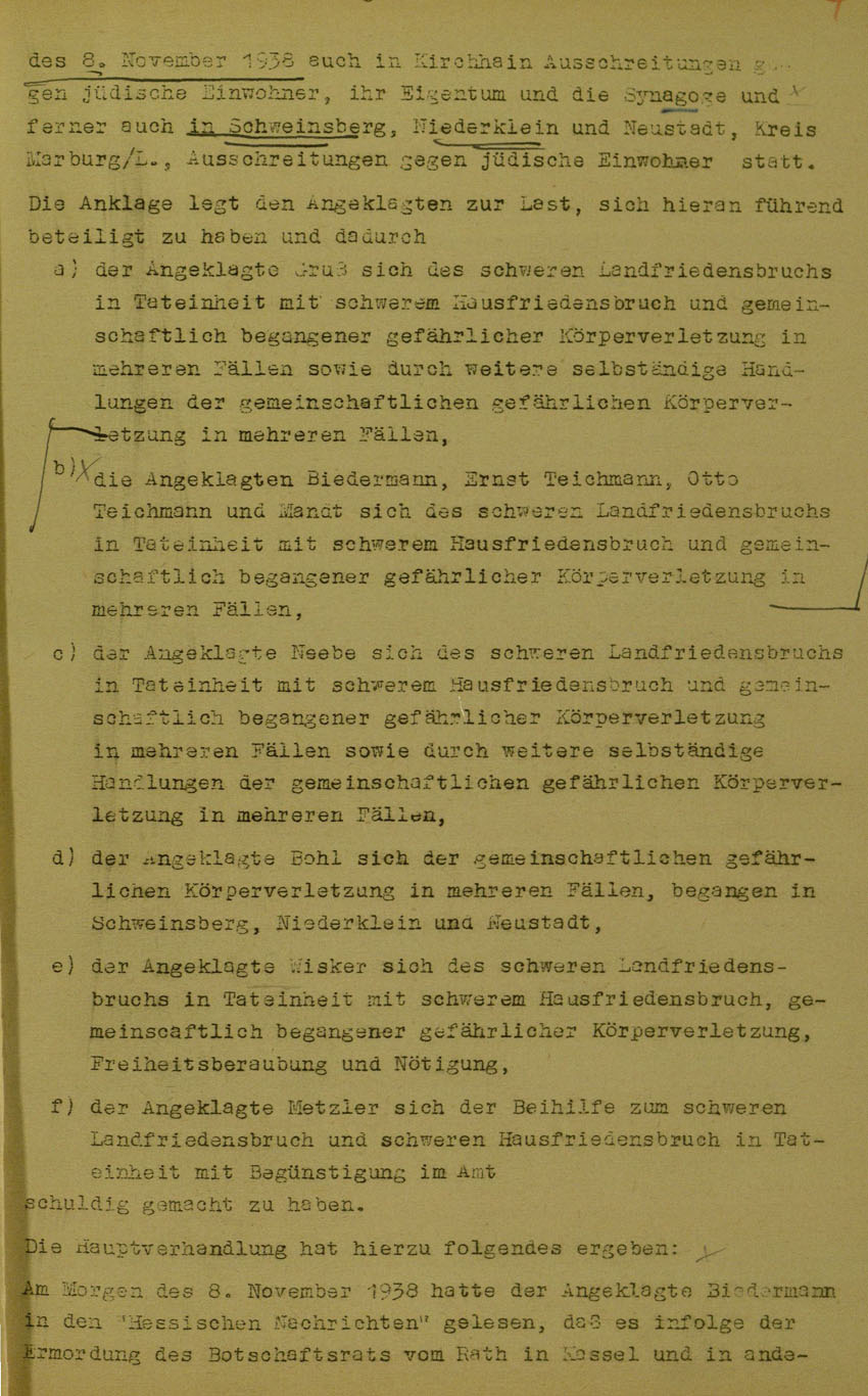 Urteil des Landgerichts Marburg im Prozess gegen die Urheber der Kirchhainer "Judenaktion" von 1938, 5. Juni 1950 [Dokumentabschnitt 1].
