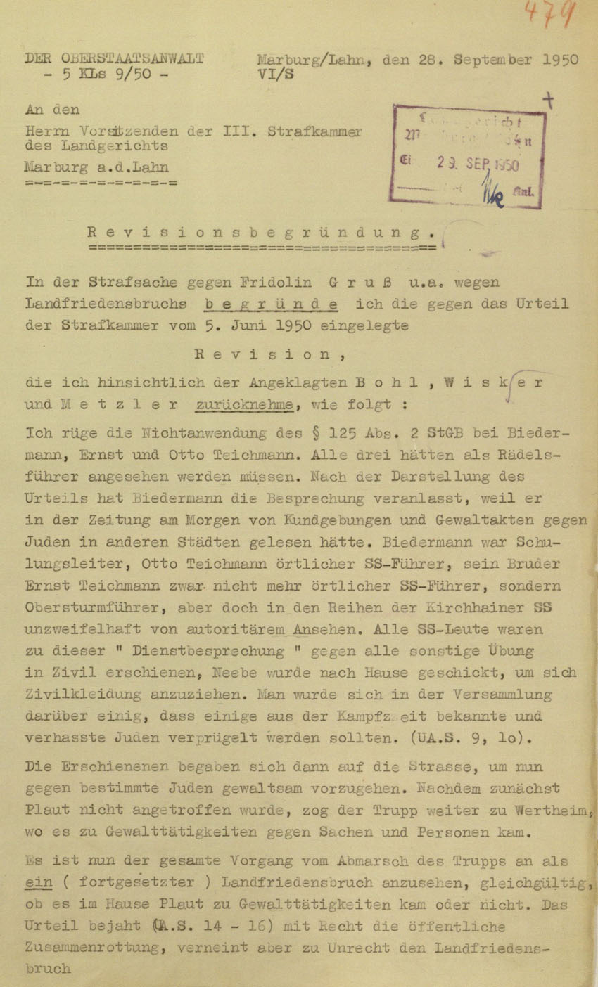 Revision des Oberstaatsanwaltes in Marburg betreffend Urteil vom 5.6.1950 im Prozess gegen die Urheber der Kirchhainer "Judenaktion" von 1938, 26. September 1950.