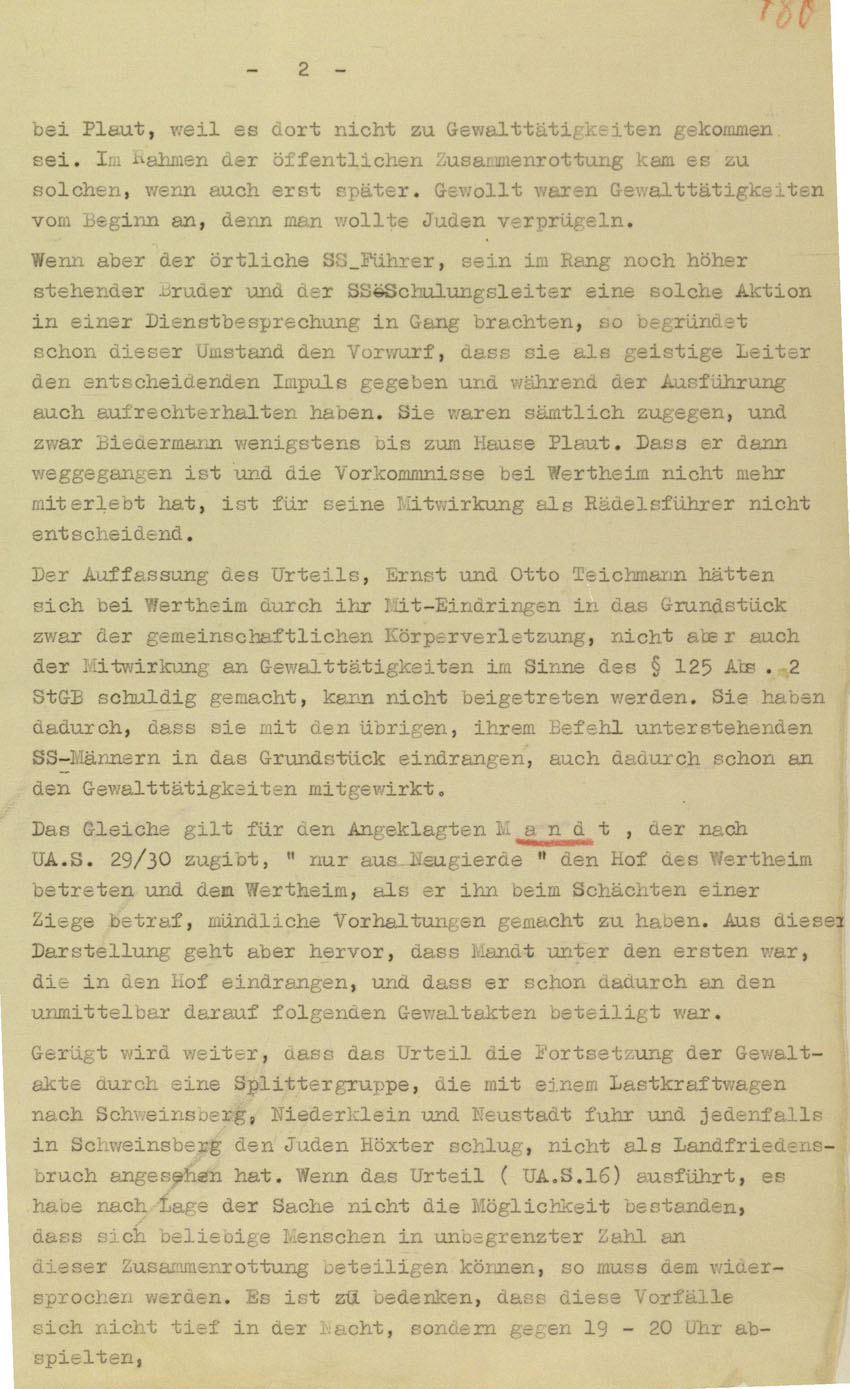 Revision des Oberstaatsanwaltes in Marburg betreffend Urteil vom 5.6.1950 im Prozess gegen die Urheber der Kirchhainer "Judenaktion" von 1938, 26. September 1950.