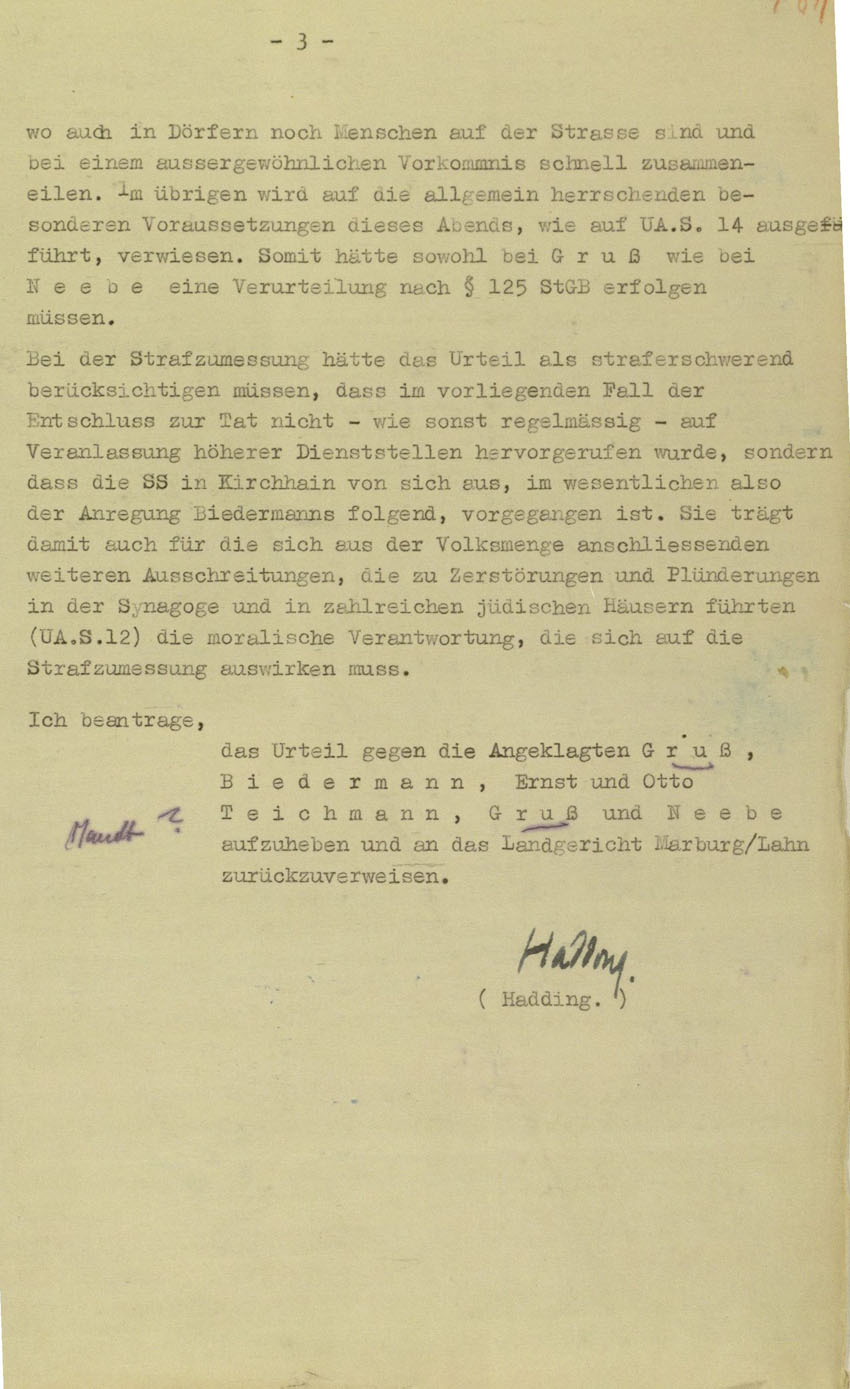 Revision des Oberstaatsanwaltes in Marburg betreffend Urteil vom 5.6.1950 im Prozess gegen die Urheber der Kirchhainer "Judenaktion" von 1938, 26. September 1950.