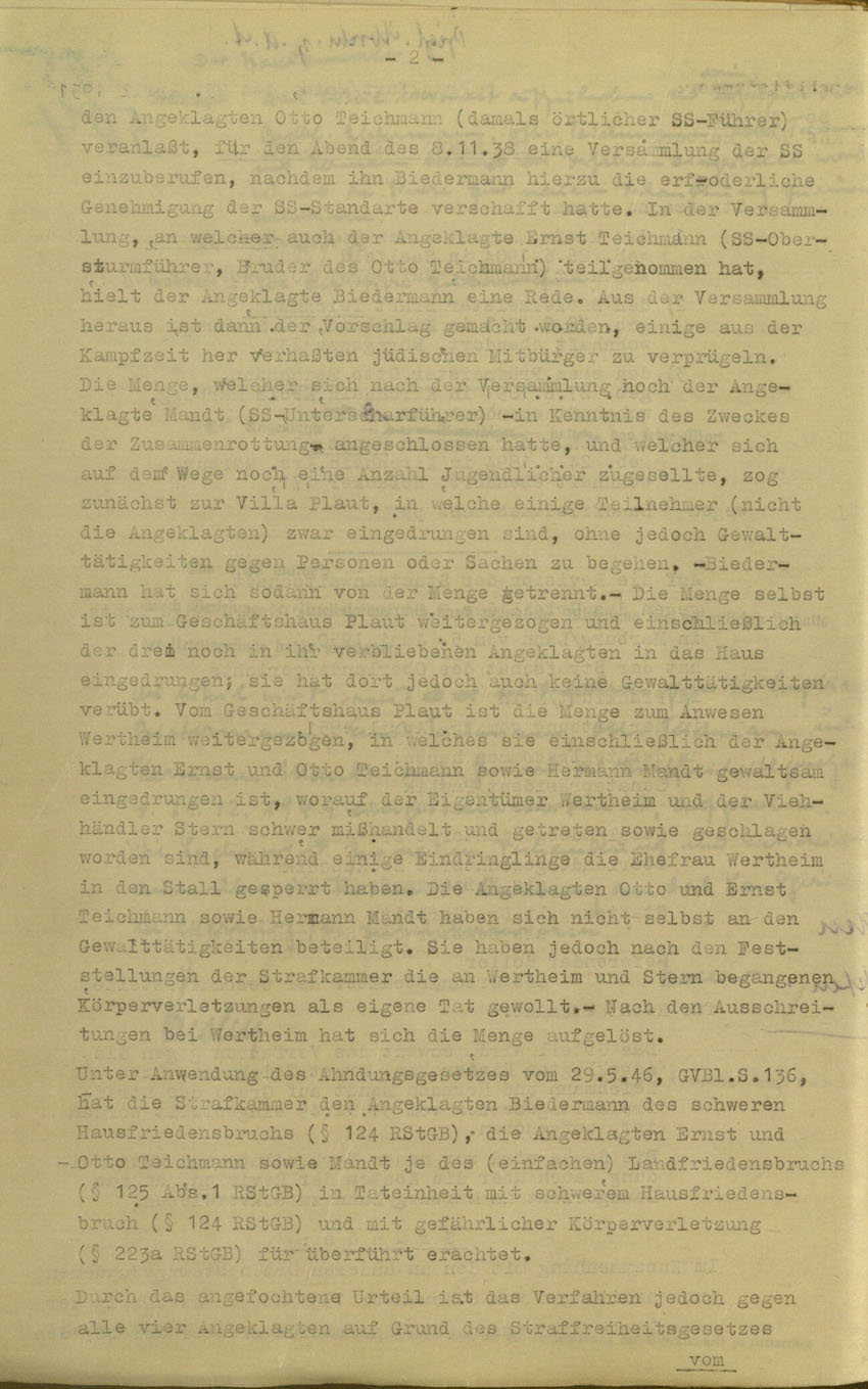 Beschluss des Oberlandesgerichts Frankfurt/M. betreffend Aufhebung Urteil vom 5.6.1950 gegen Walter Biedermann, Ernst und Otto Teichmann, Hermann Mandt als Urheber der Kirchhainer "Judenaktion" von 1938, 25. April 1951.