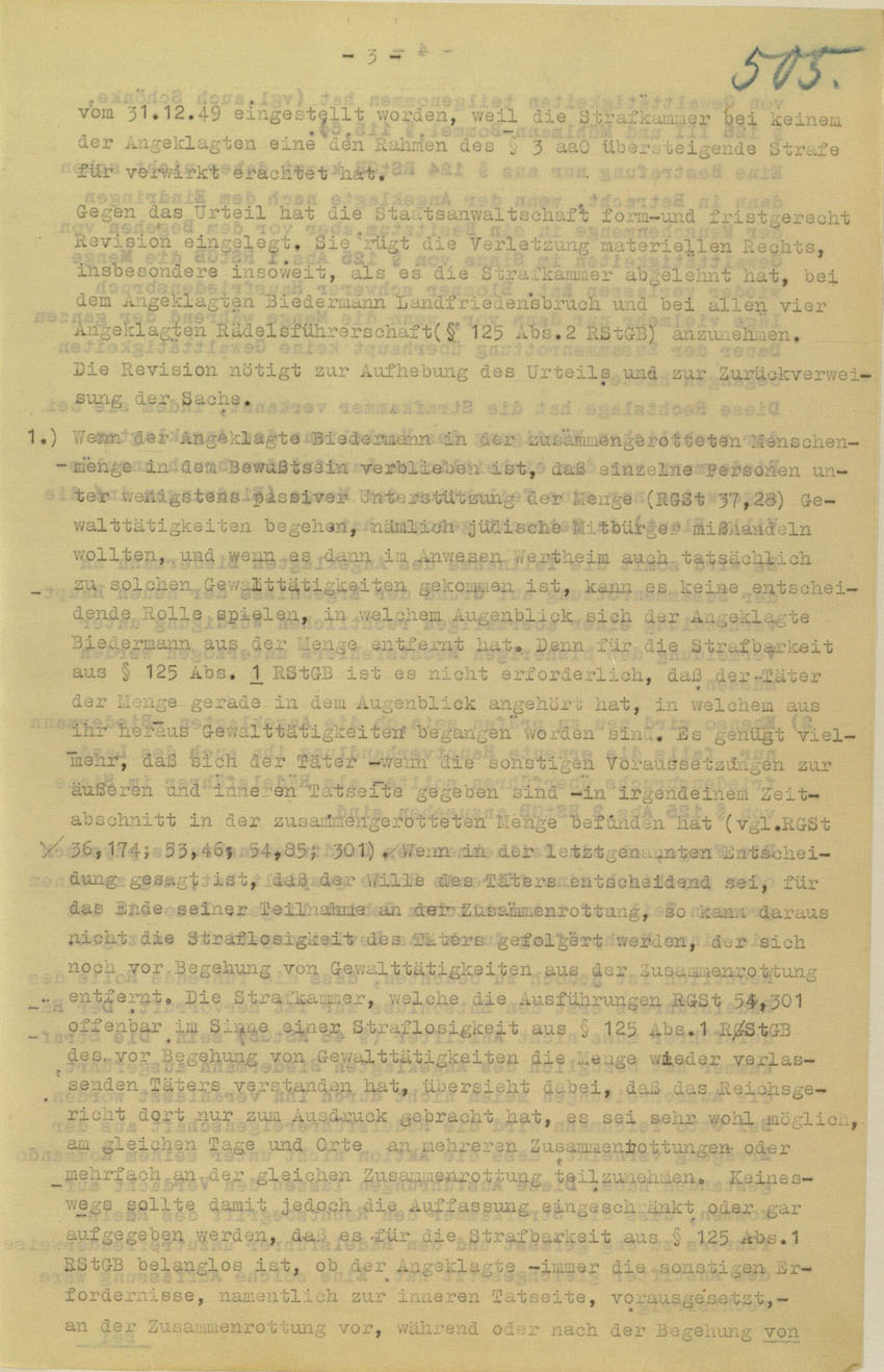 Beschluss des Oberlandesgerichts Frankfurt/M. betreffend Aufhebung Urteil vom 5.6.1950 gegen Walter Biedermann, Ernst und Otto Teichmann, Hermann Mandt als Urheber der Kirchhainer "Judenaktion" von 1938, 25. April 1951.
