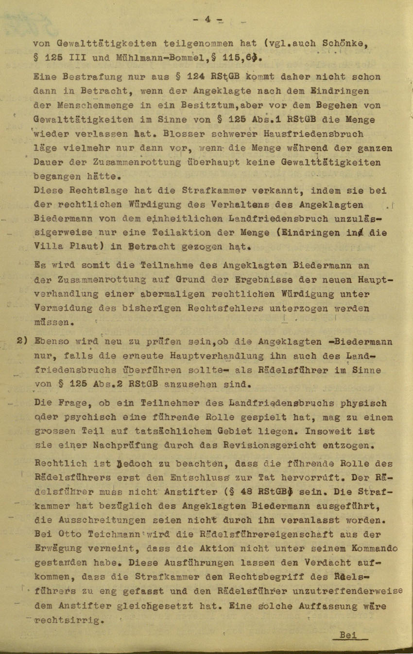 Beschluss des Oberlandesgerichts Frankfurt/M. betreffend Aufhebung Urteil vom 5.6.1950 gegen Walter Biedermann, Ernst und Otto Teichmann, Hermann Mandt als Urheber der Kirchhainer "Judenaktion" von 1938, 25. April 1951.