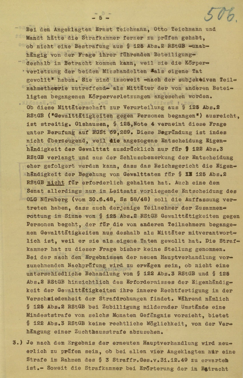 Beschluss des Oberlandesgerichts Frankfurt/M. betreffend Aufhebung Urteil vom 5.6.1950 gegen Walter Biedermann, Ernst und Otto Teichmann, Hermann Mandt als Urheber der Kirchhainer "Judenaktion" von 1938, 25. April 1951.