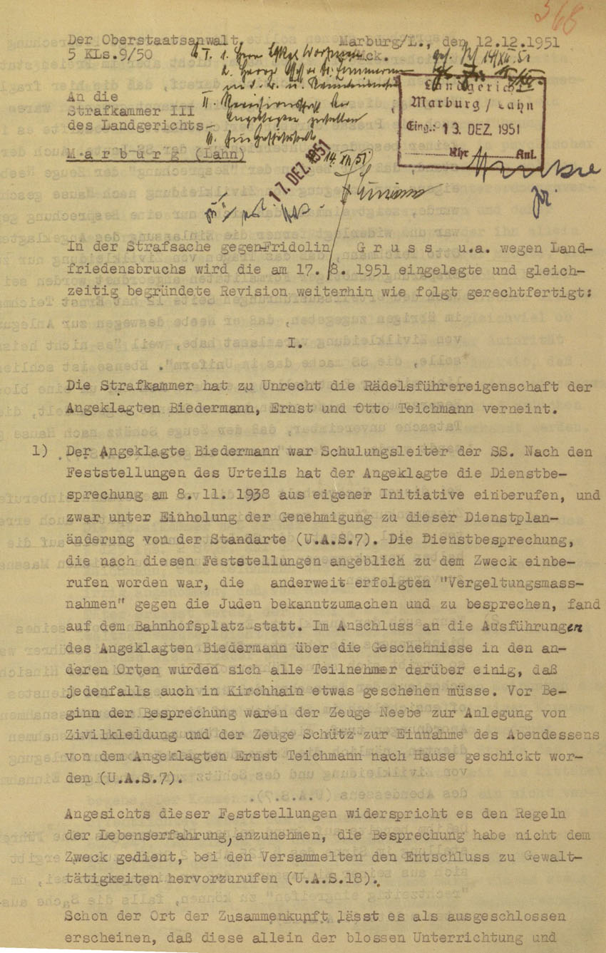 Revision des Oberstaatsanwaltes in Marburg betreffend Urteil vom 14.8.1951 im Prozess gegen die Urheber der Kirchhainer "Judenaktion" von 1938, 12. Dezember 1951.