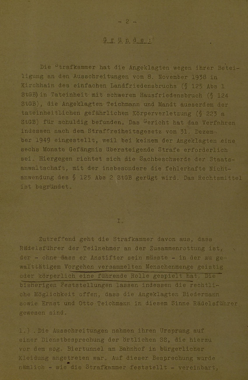 Beschluss des Bundesgerichtshofes betreffend Aufhebung Urteil vom 14.8.1951 gegen Walter Biedermann, Ernst und Otto Teichmann, Hermann Mandt als Urheber der Kirchhainer "Judenaktion" von 1938, 25. Februar 1954 [Dokumentabschnitt 1].