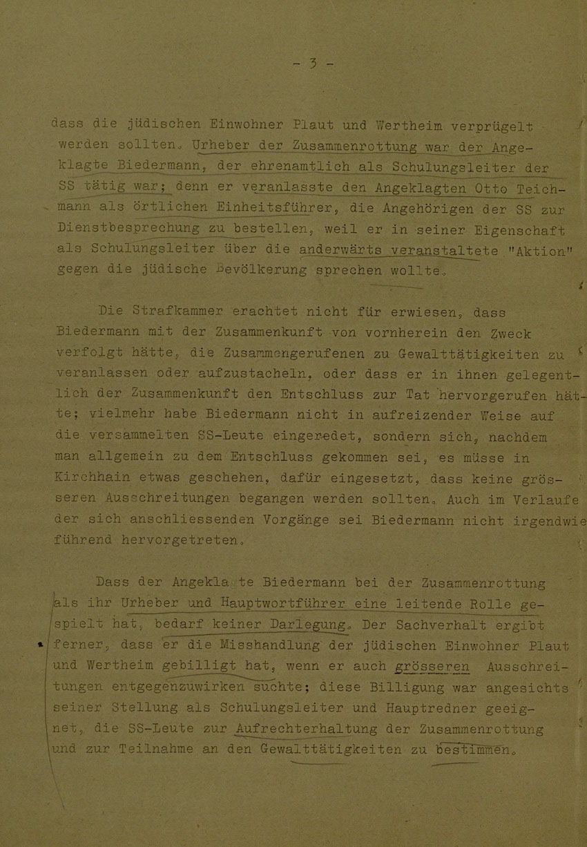 Beschluss des Bundesgerichtshofes betreffend Aufhebung Urteil vom 14.8.1951 gegen Walter Biedermann, Ernst und Otto Teichmann, Hermann Mandt als Urheber der Kirchhainer "Judenaktion" von 1938, 25. Februar 1954 [Dokumentabschnitt 1].