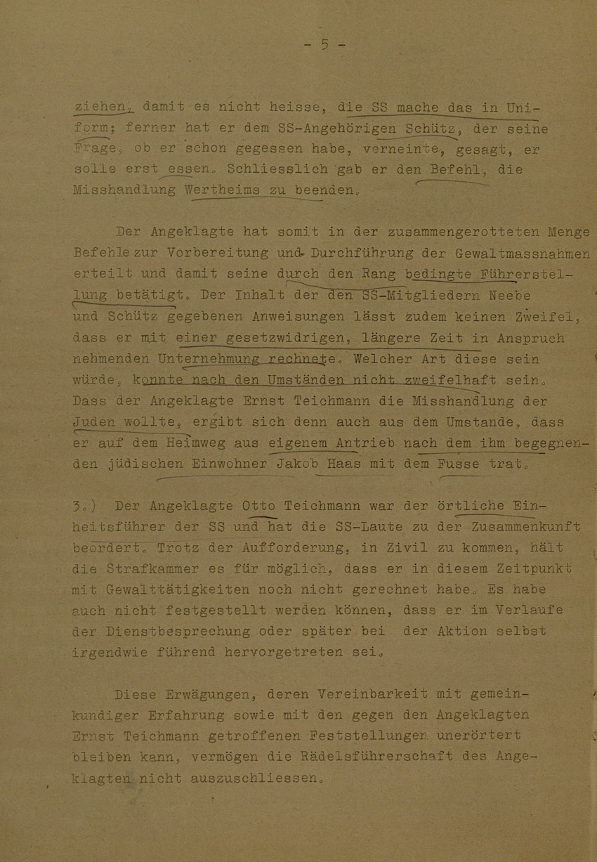 Beschluss des Bundesgerichtshofes betreffend Aufhebung Urteil vom 14.8.1951 gegen Walter Biedermann, Ernst und Otto Teichmann, Hermann Mandt als Urheber der Kirchhainer "Judenaktion" von 1938, 25. Februar 1954 [Dokumentabschnitt 1].