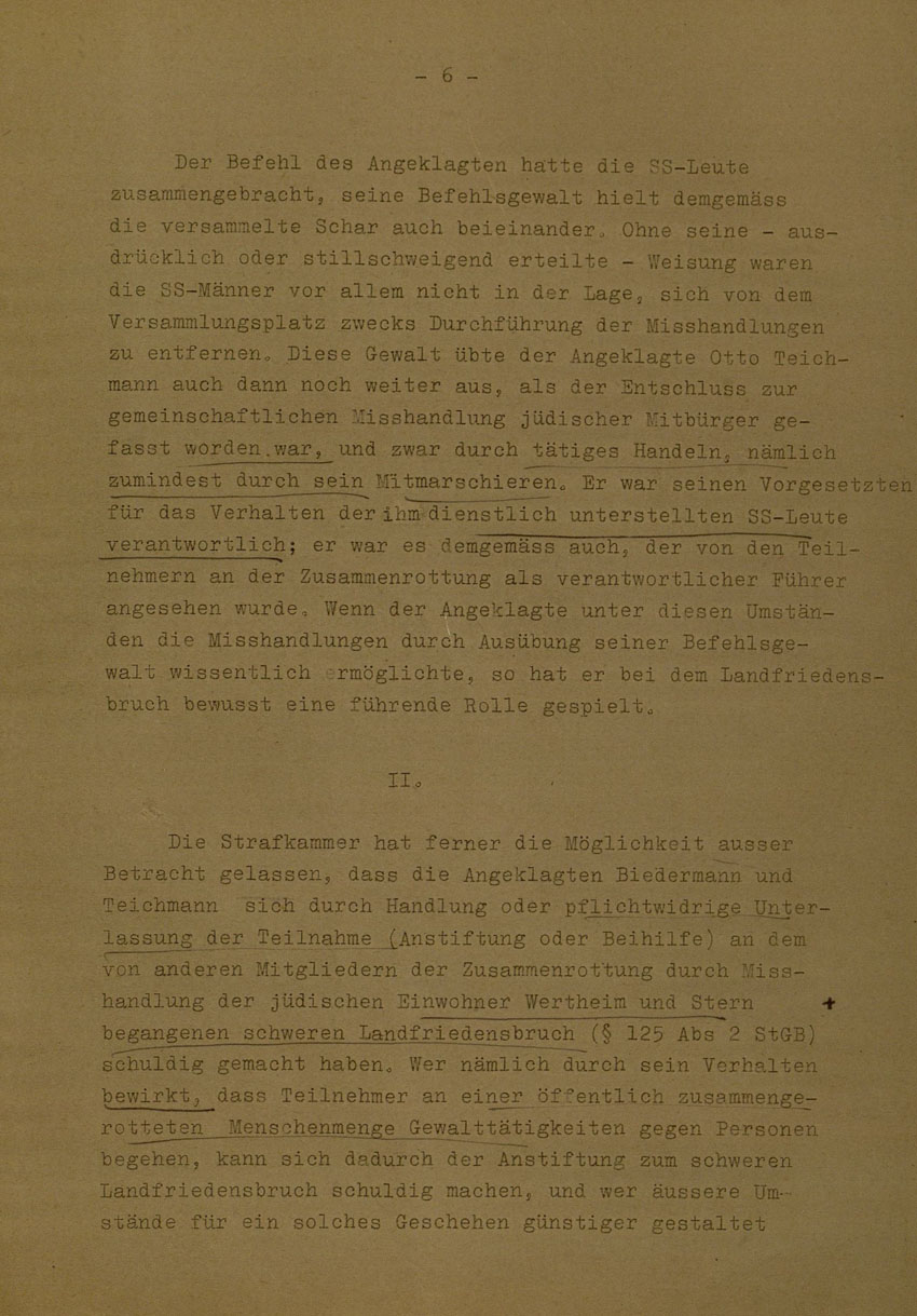 Beschluss des Bundesgerichtshofes betreffend Aufhebung Urteil vom 14.8.1951 gegen Walter Biedermann, Ernst und Otto Teichmann, Hermann Mandt als Urheber der Kirchhainer "Judenaktion" von 1938, 25. Februar 1954 [Dokumentabschnitt 1].