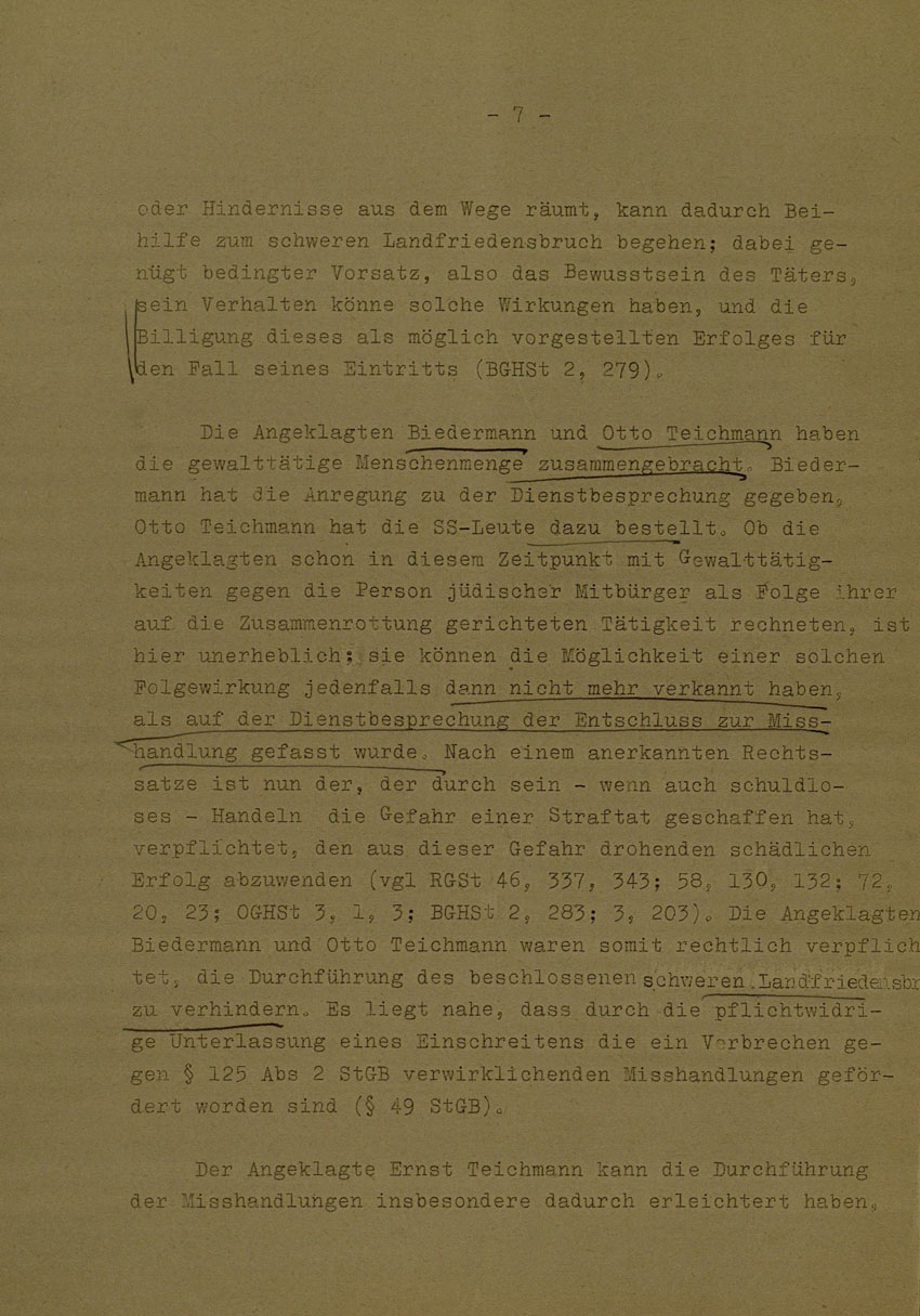 Beschluss des Bundesgerichtshofes betreffend Aufhebung Urteil vom 14.8.1951 gegen Walter Biedermann, Ernst und Otto Teichmann, Hermann Mandt als Urheber der Kirchhainer "Judenaktion" von 1938, 25. Februar 1954 [Dokumentabschnitt 1].
