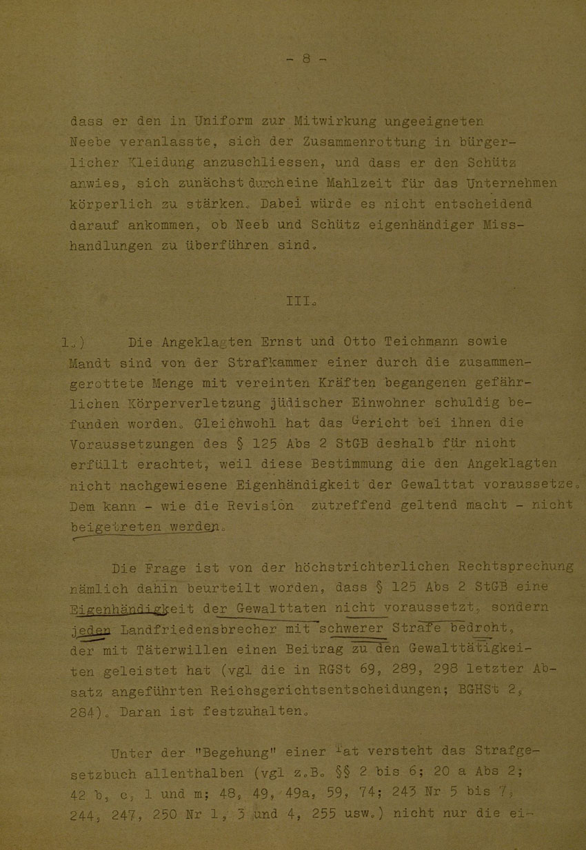 Beschluss des Bundesgerichtshofes betreffend Aufhebung Urteil vom 14.8.1951 gegen Walter Biedermann, Ernst und Otto Teichmann, Hermann Mandt als Urheber der Kirchhainer "Judenaktion" von 1938, 25. Februar 1954 [Dokumentabschnitt 1].