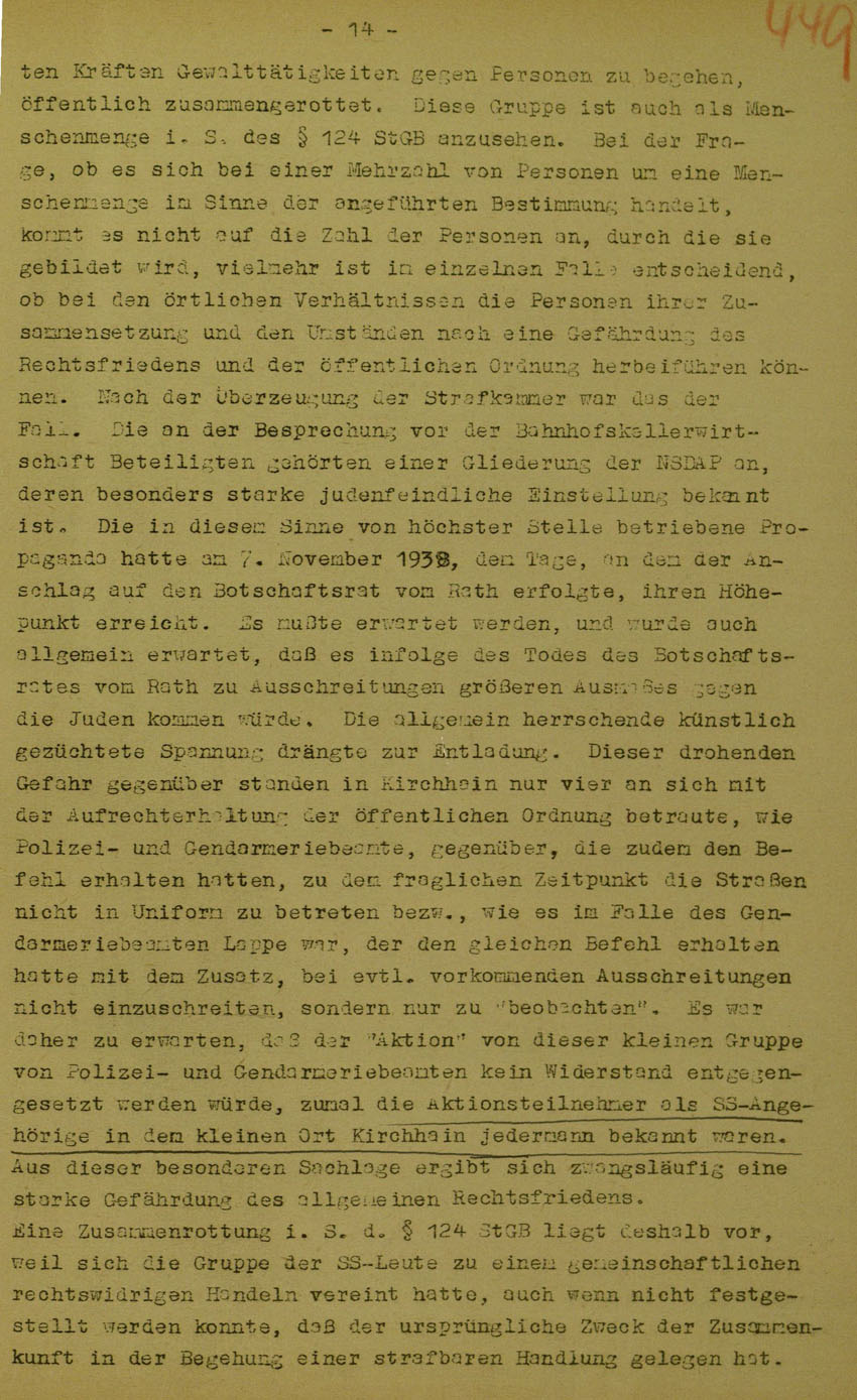Urteil des Landgerichts Marburg im Prozess gegen die Urheber der Kirchhainer "Judenaktion" von 1938, 5. Juni 1950 [Dokumentabschnitt 2].