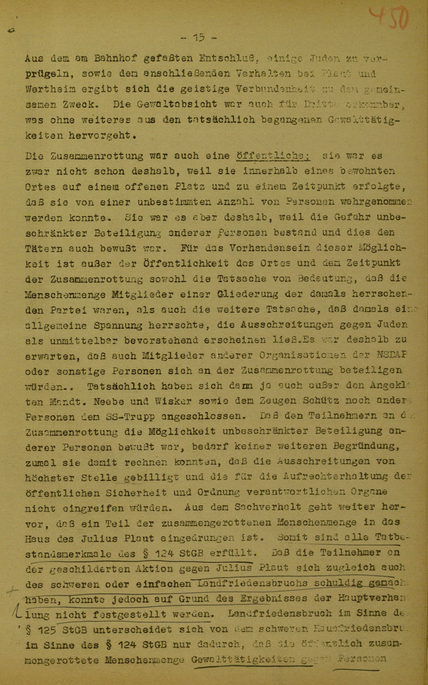 Urteil des Landgerichts Marburg im Prozess gegen die Urheber der Kirchhainer "Judenaktion" von 1938, 5. Juni 1950 [Dokumentabschnitt 2].