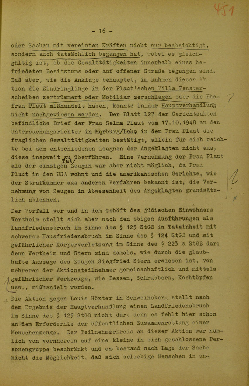 Urteil des Landgerichts Marburg im Prozess gegen die Urheber der Kirchhainer "Judenaktion" von 1938, 5. Juni 1950 [Dokumentabschnitt 2].