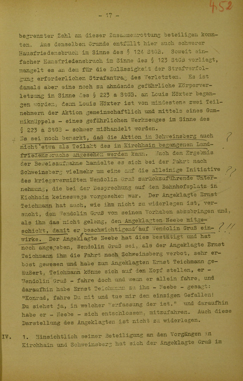 Urteil des Landgerichts Marburg  im Prozess gegen die Urheber der Kirchhainer "Judenaktion" von 1938, 5. Juni 1950 [Dokumentabschnitt 3].