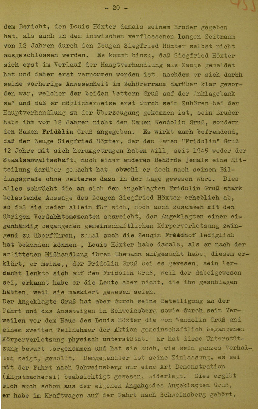 Urteil des Landgerichts Marburg  im Prozess gegen die Urheber der Kirchhainer "Judenaktion" von 1938, 5. Juni 1950 [Dokumentabschnitt 3].