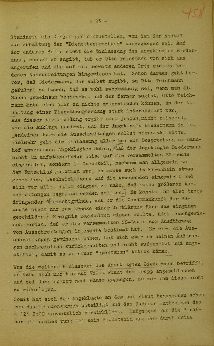 Urteil des Landgerichts Marburg  im Prozess gegen die Urheber der Kirchhainer "Judenaktion" von 1938, 5. Juni 1950 [Dokumentabschnitt 3].