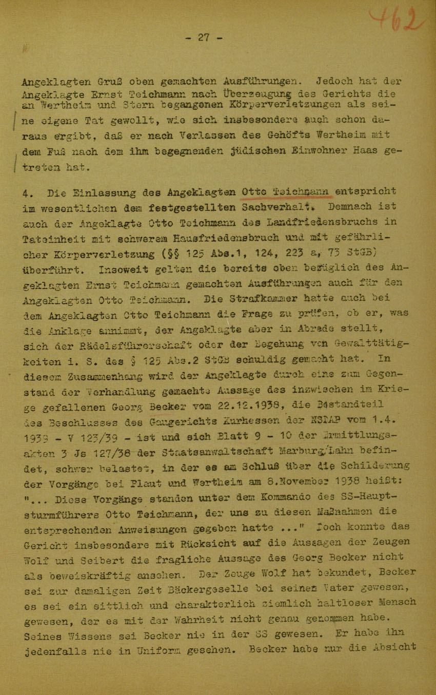 Urteil des Landgerichts Marburg im Prozess gegen die Urheber der Kirchhainer "Judenaktion" von 1938, 5. Juni 1950 [Dokumentabschnitt 4].