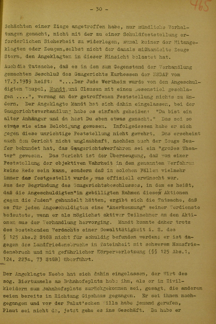 Urteil des Landgerichts Marburg im Prozess gegen die Urheber der Kirchhainer "Judenaktion" von 1938, 5. Juni 1950 [Dokumentabschnitt 4].