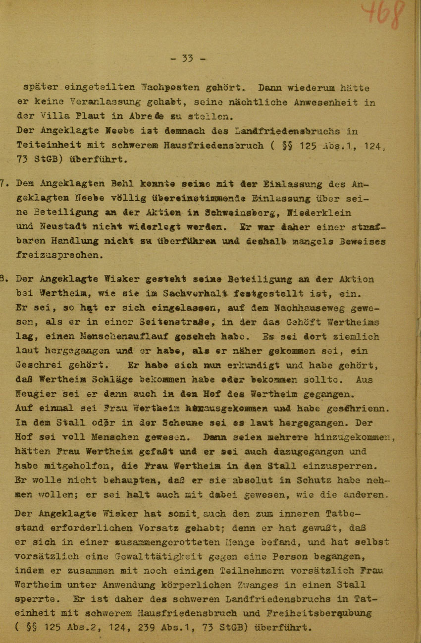 Urteil des Landgerichts Marburg im Prozess gegen die Urheber der Kirchhainer "Judenaktion" von 1938, 5. Juni 1950 [Dokumentabschnitt 5].