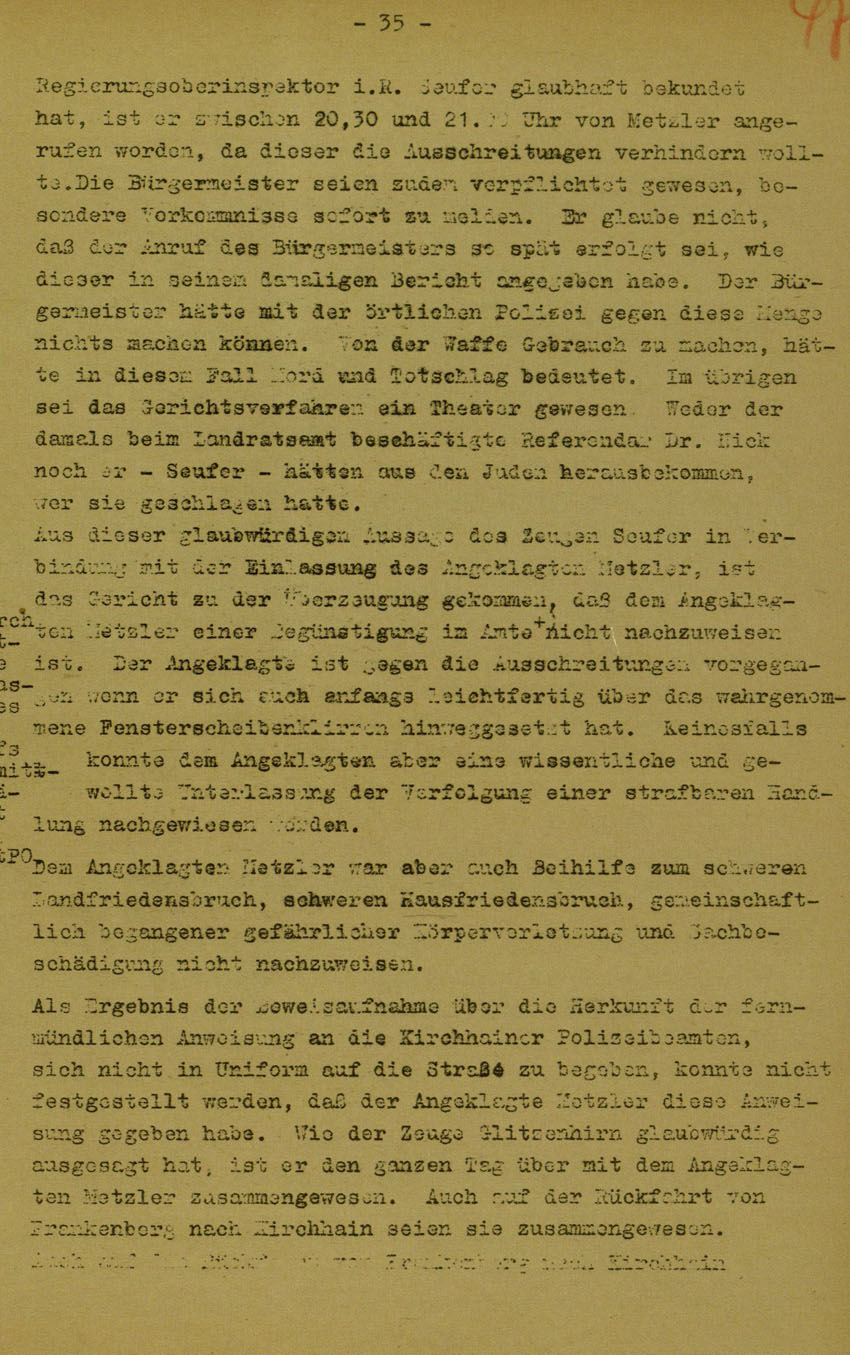Urteil des Landgerichts Marburg im Prozess gegen die Urheber der Kirchhainer "Judenaktion" von 1938, 5. Juni 1950 [Dokumentabschnitt 5].