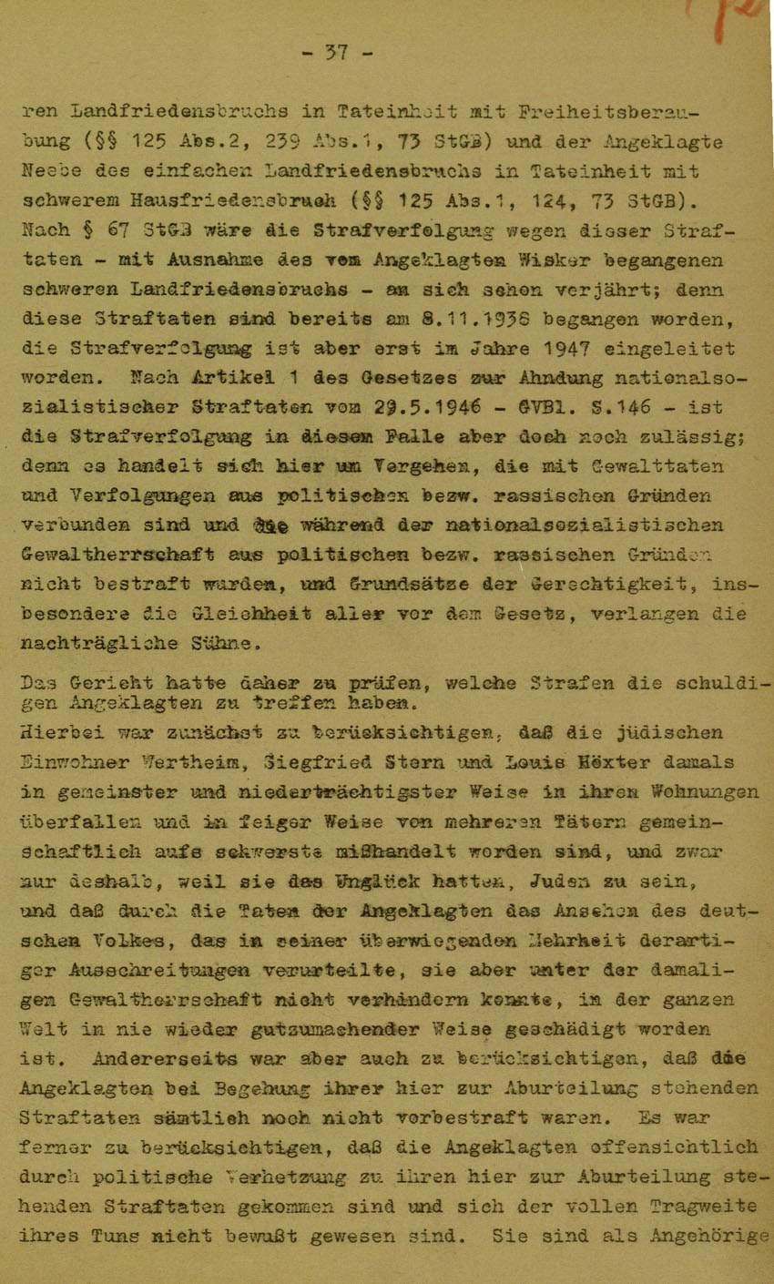 Urteil des Landgerichts Marburg im Prozess gegen die Urheber der Kirchhainer "Judenaktion" von 1938, 5. Juni 1950 [Dokumentabschnitt 5].