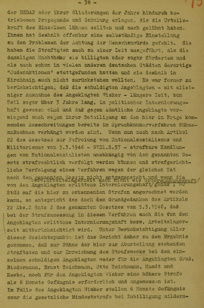 Urteil des Landgerichts Marburg im Prozess gegen die Urheber der Kirchhainer "Judenaktion" von 1938, 5. Juni 1950 [Dokumentabschnitt 5].
