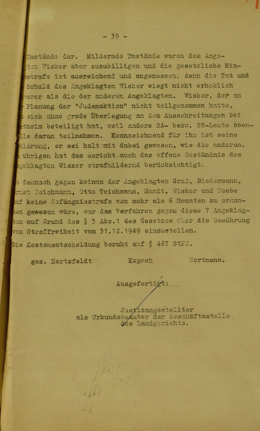 Urteil des Landgerichts Marburg im Prozess gegen die Urheber der Kirchhainer "Judenaktion" von 1938, 5. Juni 1950 [Dokumentabschnitt 5].