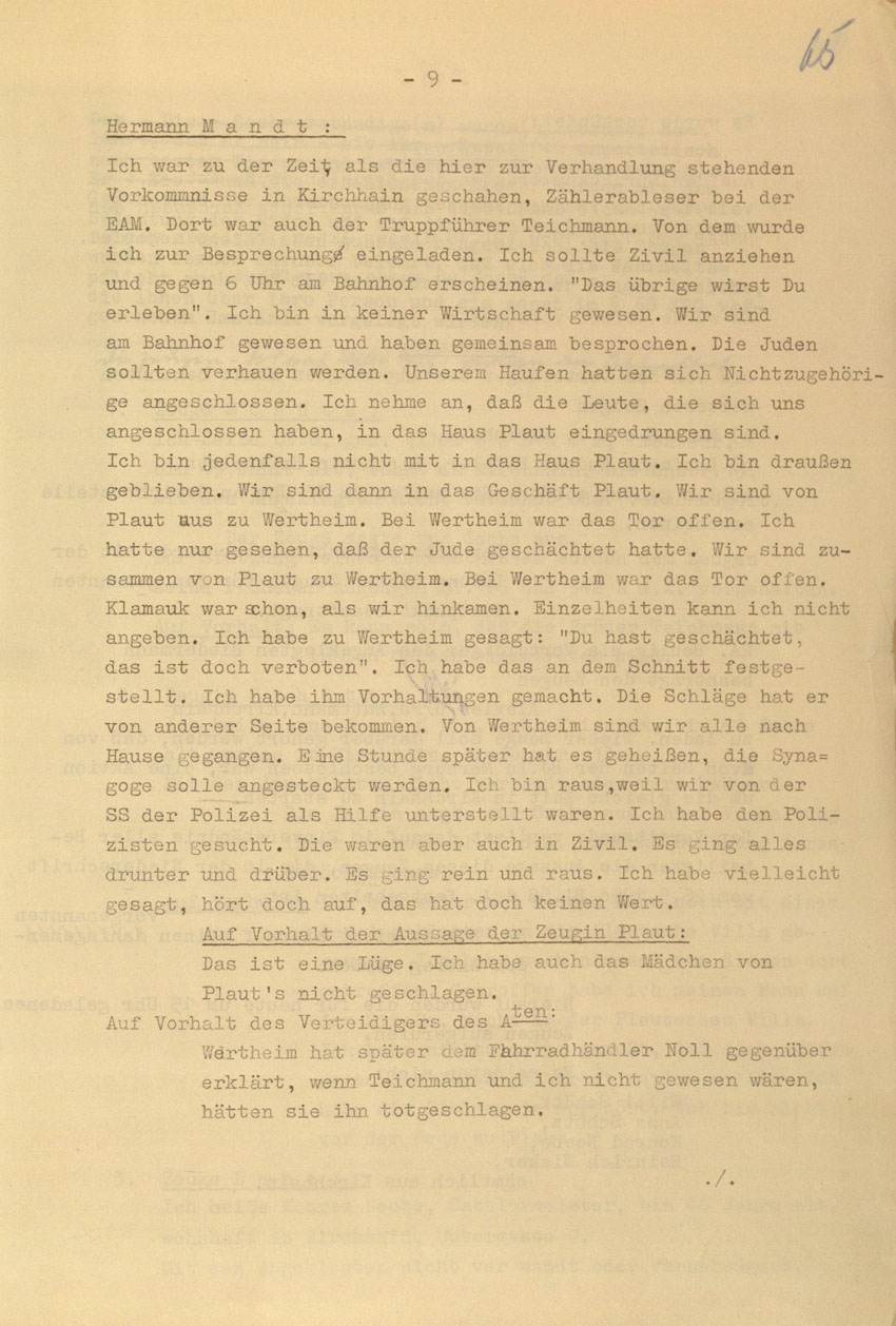 Prozessaufzeichnung des Vefahrens gegen die Urheber der Kirchhainer "Judenaktion" von 1938 vor dem Landgericht Kassel, 14.-16. Dezember 1954 [Dokumentabschnitt 2].