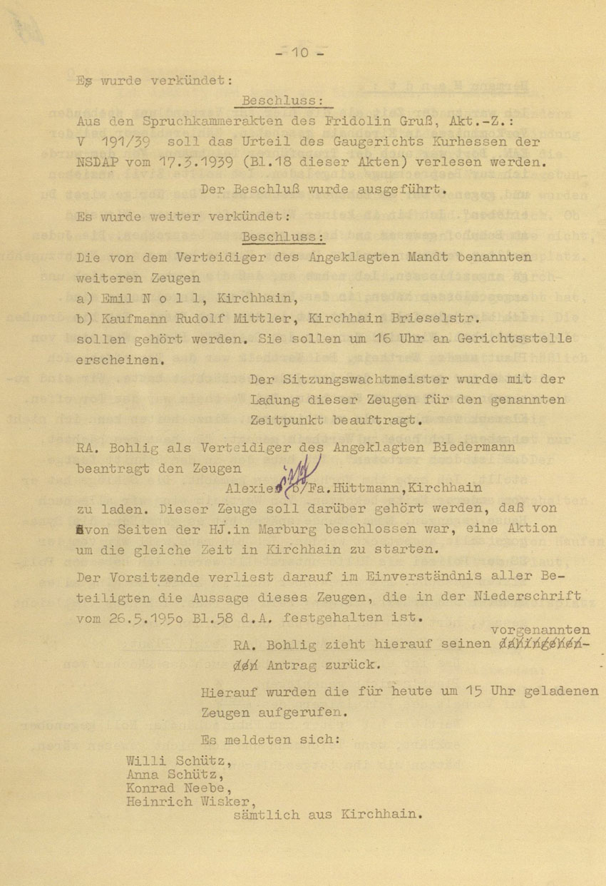 Prozessaufzeichnung des Vefahrens gegen die Urheber der Kirchhainer "Judenaktion" von 1938 vor dem Landgericht Kassel, 14.-16. Dezember 1954 [Dokumentabschnitt 2].